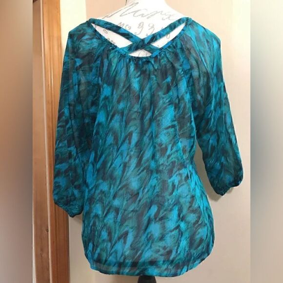 Express Women's 3/4 Sleeve Blue Swirled Pattern Semi Sheer Top Shirt - Size S - Picture 6 of 8